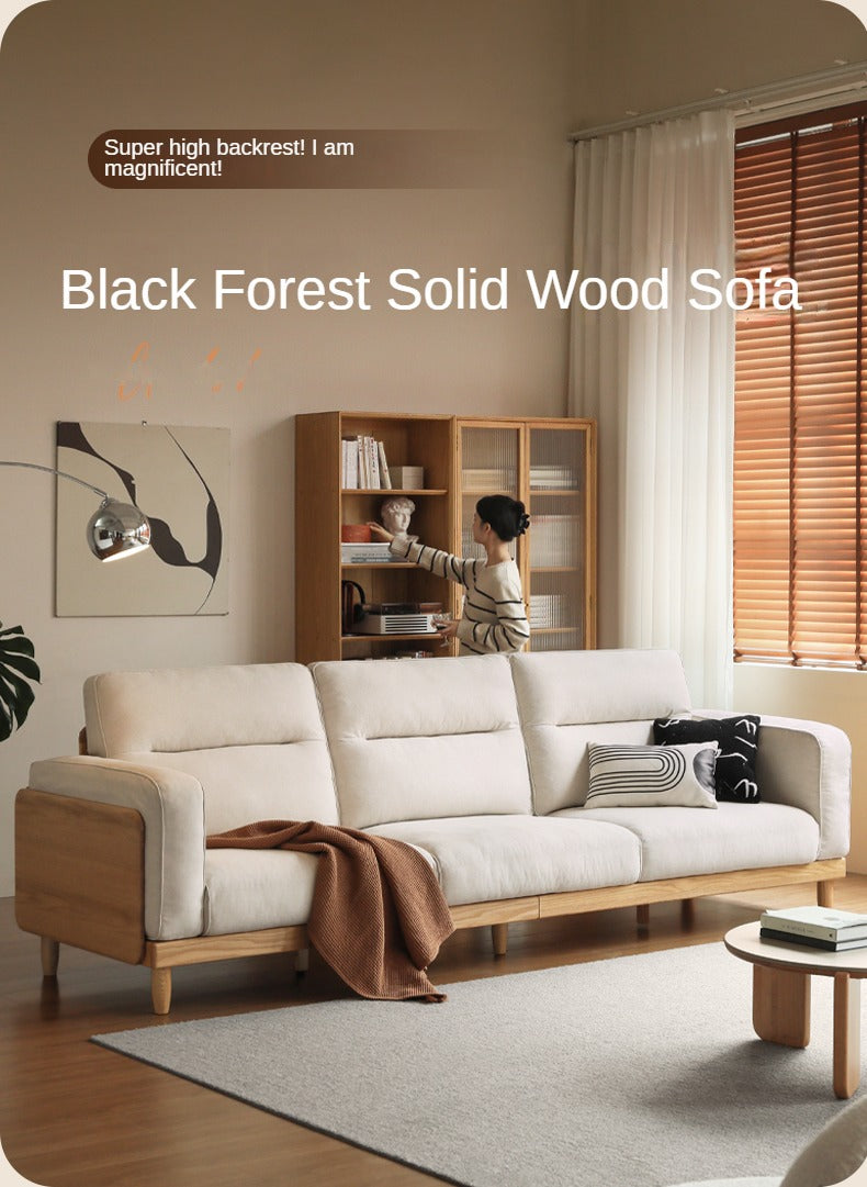 Oak Solid Wood Straight High Back Cloth Leather Sofa,