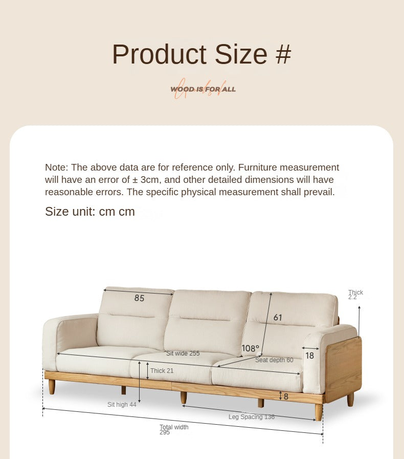 Oak Solid Wood Straight High Back Cloth Leather Sofa,
