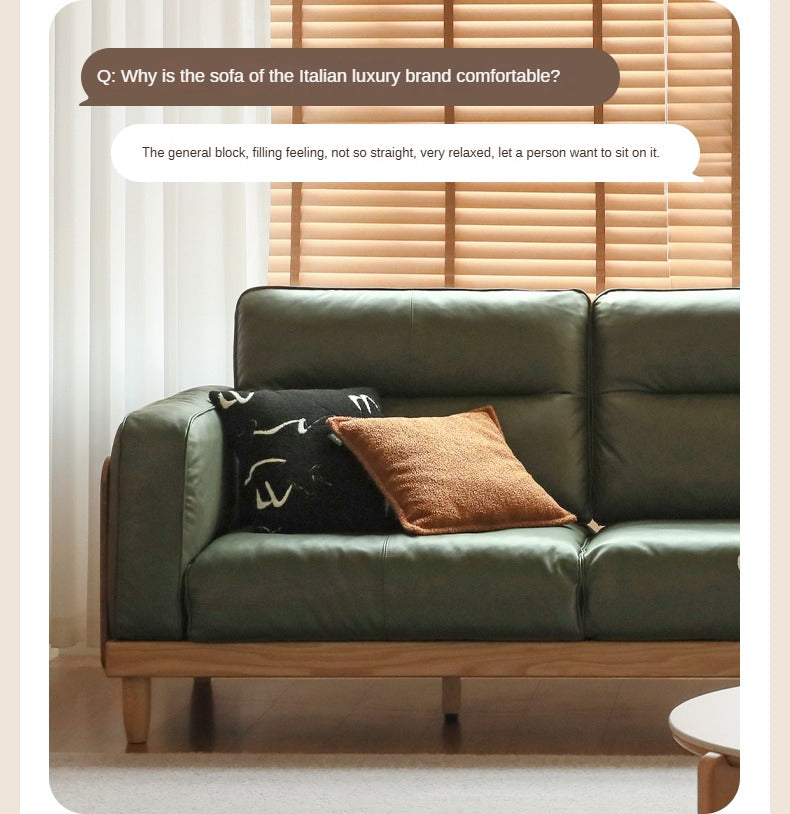 Oak Solid Wood Straight High Back Cloth Leather Sofa,