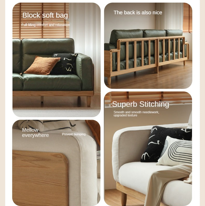 Oak Solid Wood Straight High Back Cloth Leather Sofa,