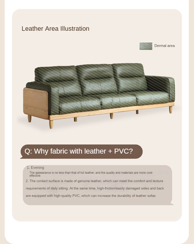 Oak Solid Wood Straight High Back Cloth Leather Sofa,