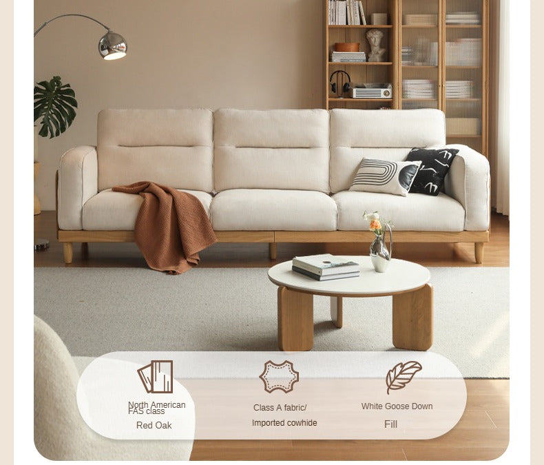 Oak Solid Wood Straight High Back Cloth Leather Sofa,