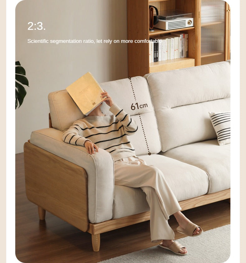 Oak Solid Wood Straight High Back Cloth Leather Sofa,