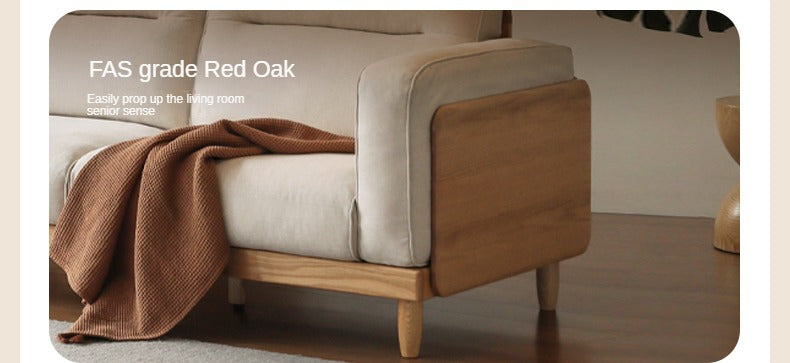 Oak Solid Wood Straight High Back Cloth Leather Sofa,