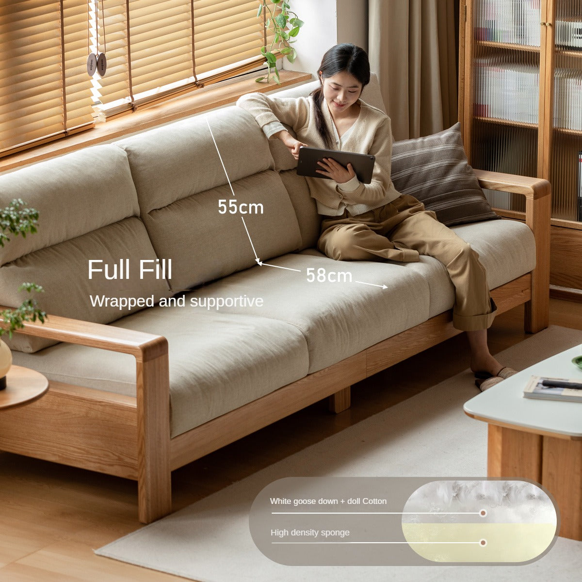 Oak Solid Wood Fabric Sofa Modern.