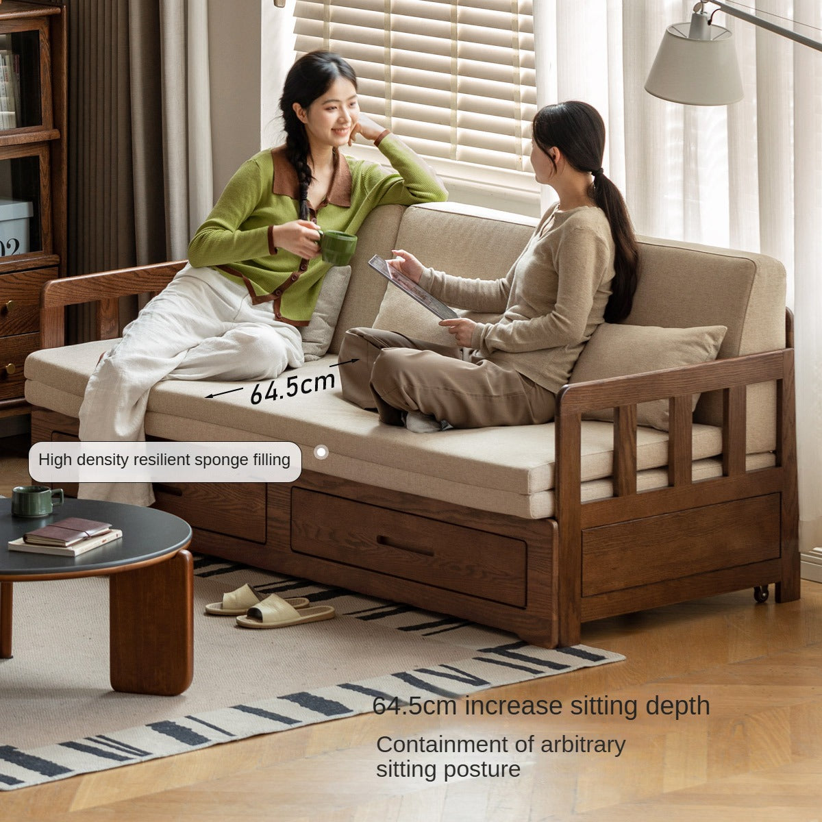 Oak, Solid Rubberwood Wood Folding Storage Sofa Bed