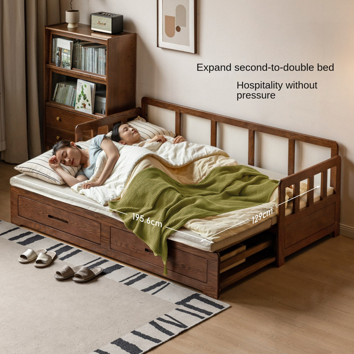 Oak, Solid Rubberwood Wood Folding Storage Sofa Bed