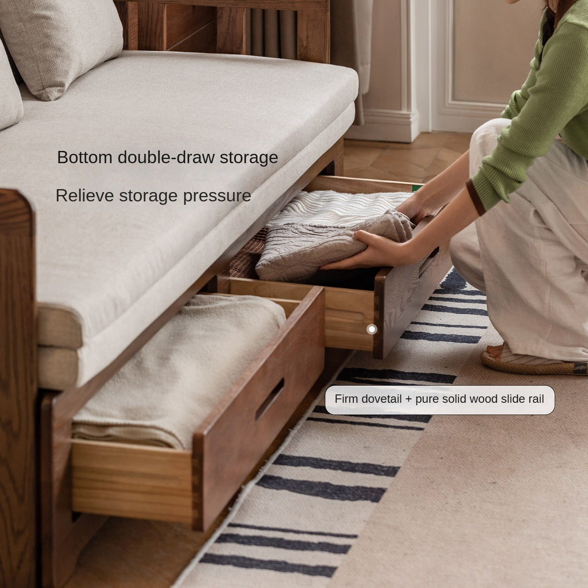 Oak, Solid Rubberwood Wood Folding Storage Sofa Bed