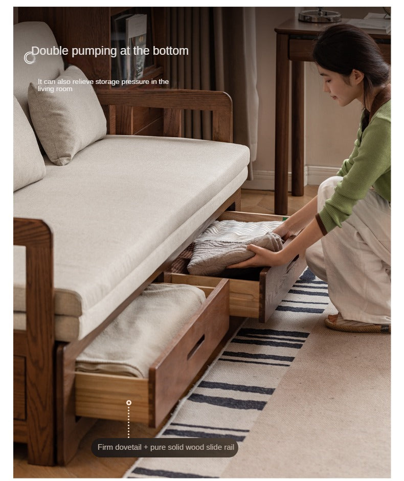 Oak, Solid Rubberwood Wood Folding Storage Sofa Bed