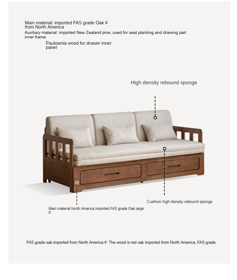 Oak, Solid Rubberwood Wood Folding Storage Sofa Bed