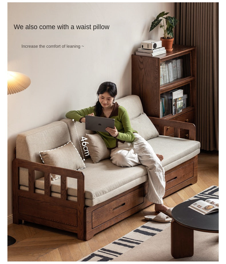 Oak, Solid Rubberwood Wood Folding Storage Sofa Bed