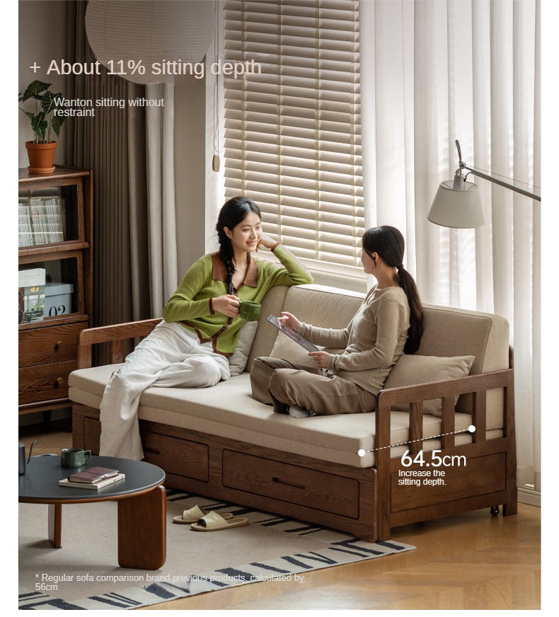 Oak, Solid Rubberwood Wood Folding Storage Sofa Bed