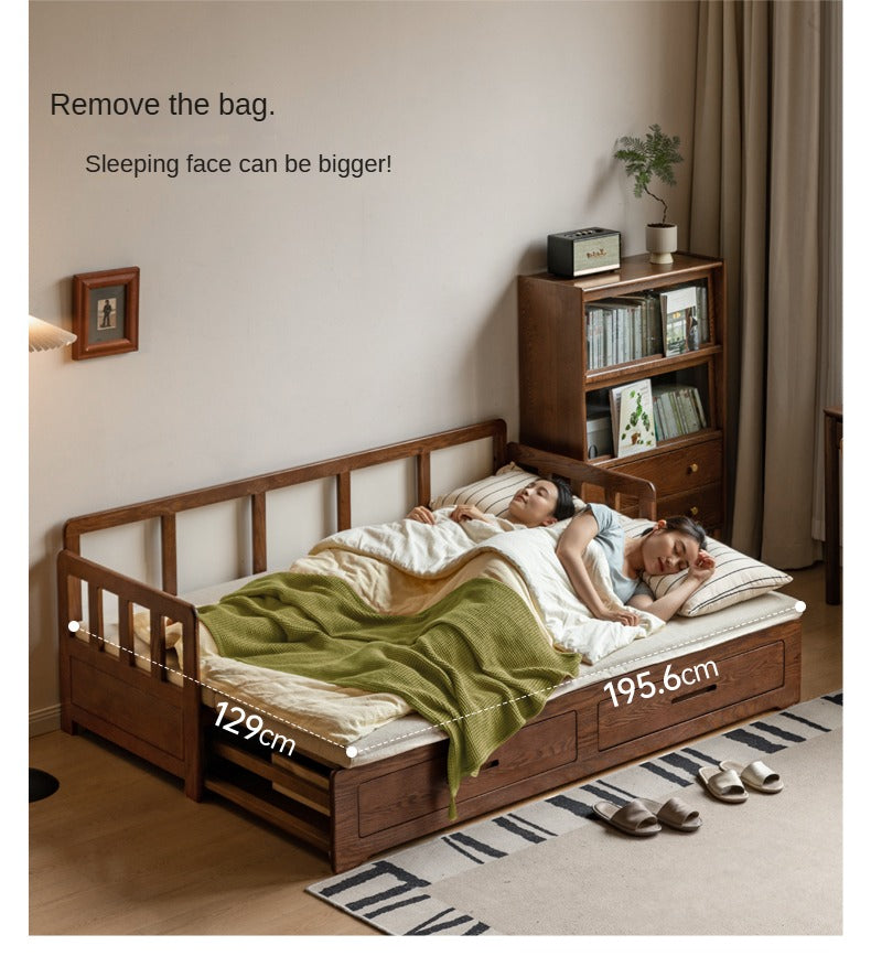 Oak, Solid Rubberwood Wood Folding Storage Sofa Bed
