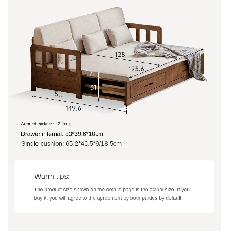 Oak, Solid Rubberwood Wood Folding Storage Sofa Bed
