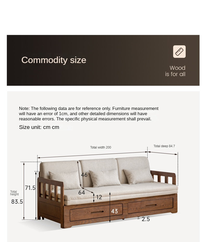 Oak, Solid Rubberwood Wood Folding Storage Sofa Bed
