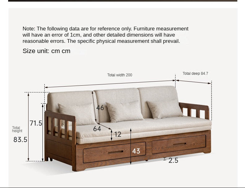 Oak, Solid Rubberwood Wood Foldable Sofa Bed with Storage, Dual-Purpose