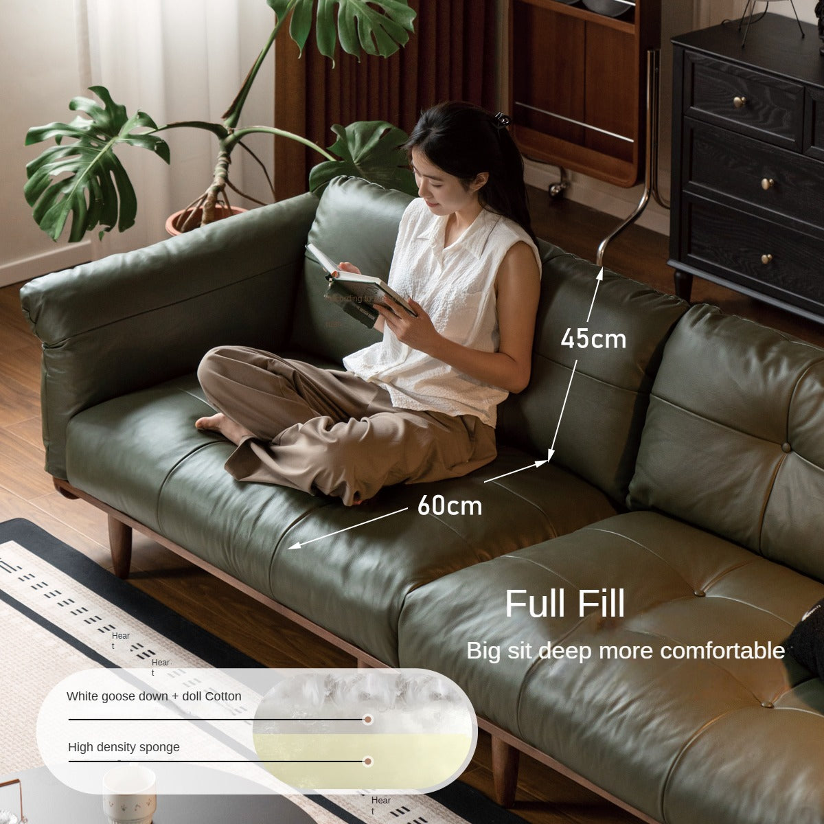 Black Walnut Solid Wood Genuine Leather Sofa.