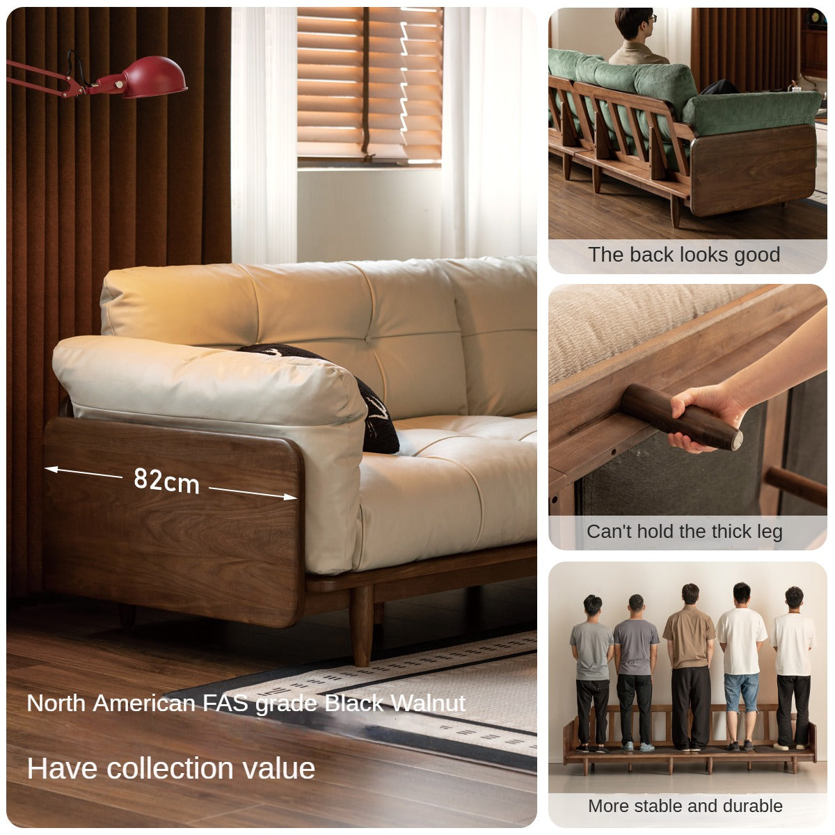 Black Walnut Solid Wood Genuine Leather Sofa.