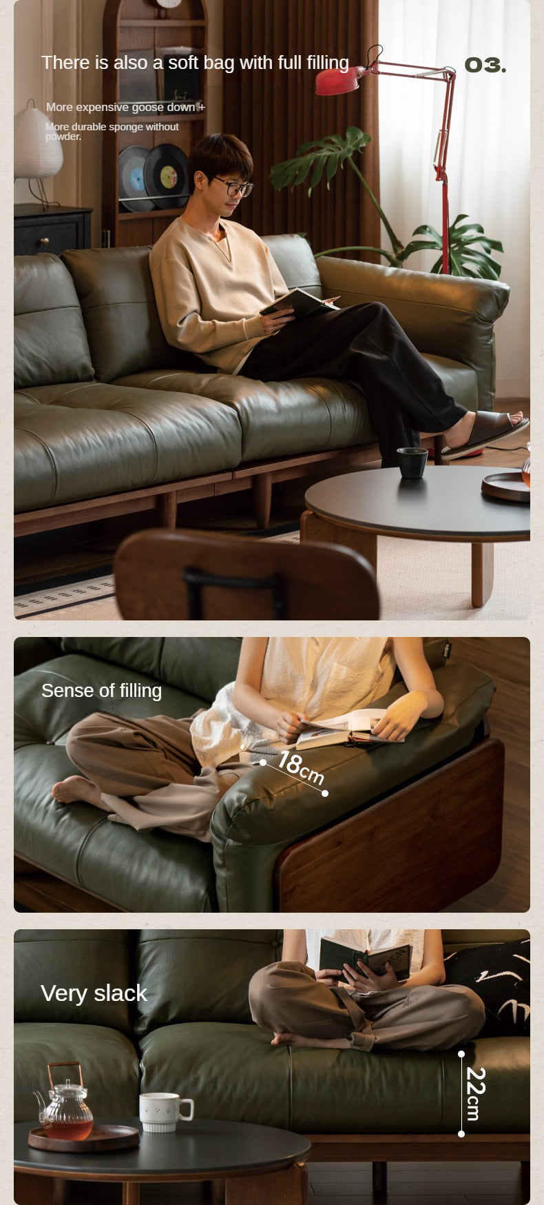 Black Walnut Solid Wood Genuine Leather Sofa.