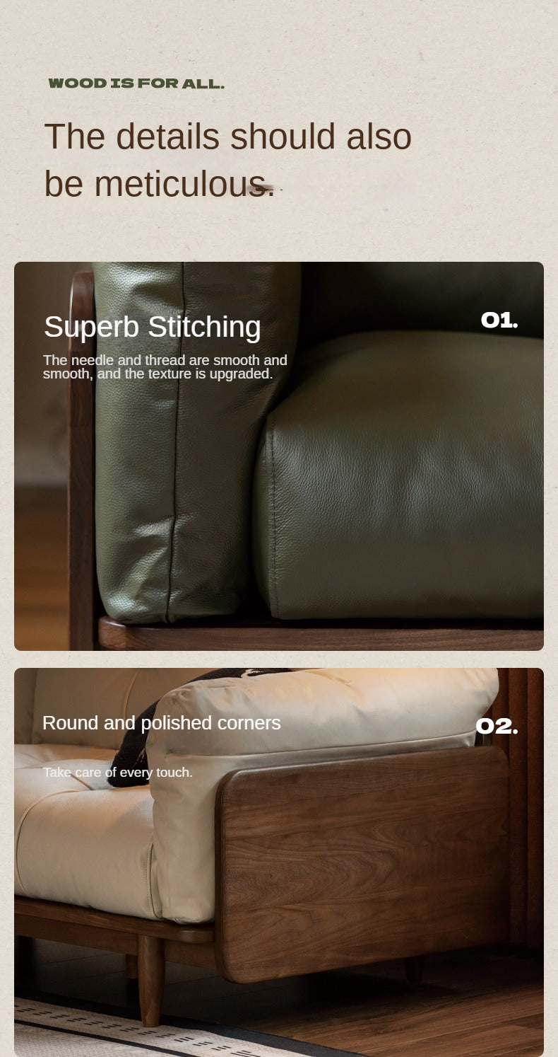 Black Walnut Solid Wood Genuine Leather Sofa.