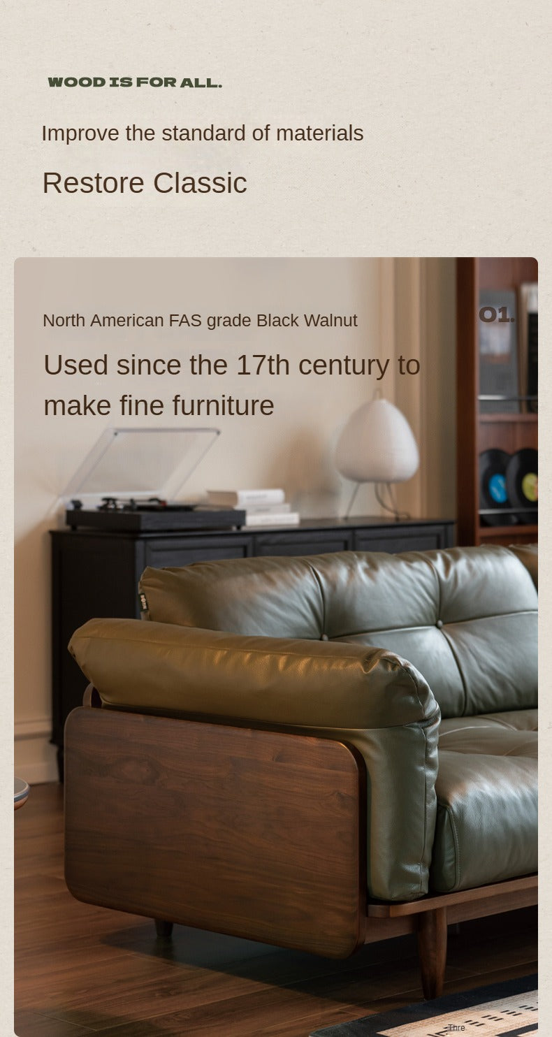 Black Walnut Solid Wood Genuine Leather Sofa.
