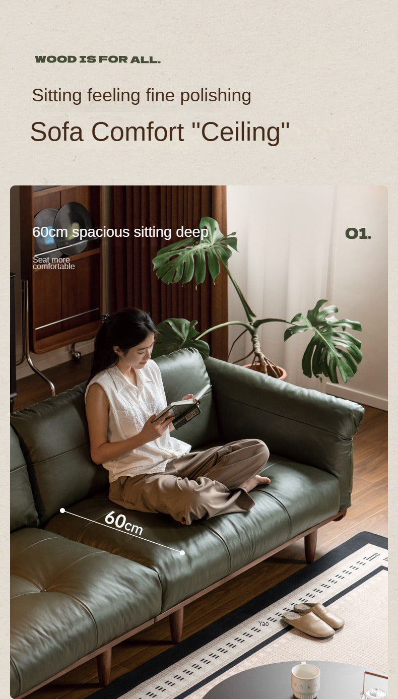 Black Walnut Solid Wood Genuine Leather Sofa.