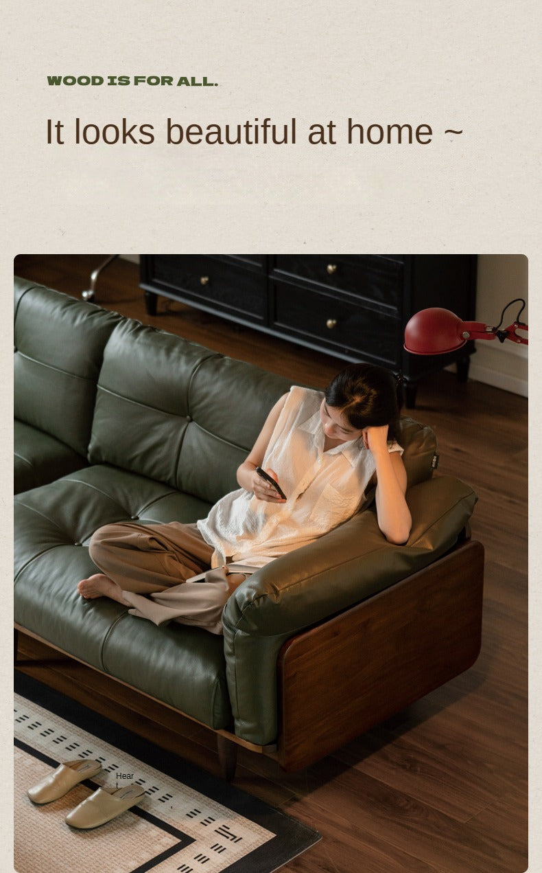 Black Walnut Solid Wood Genuine Leather Sofa.