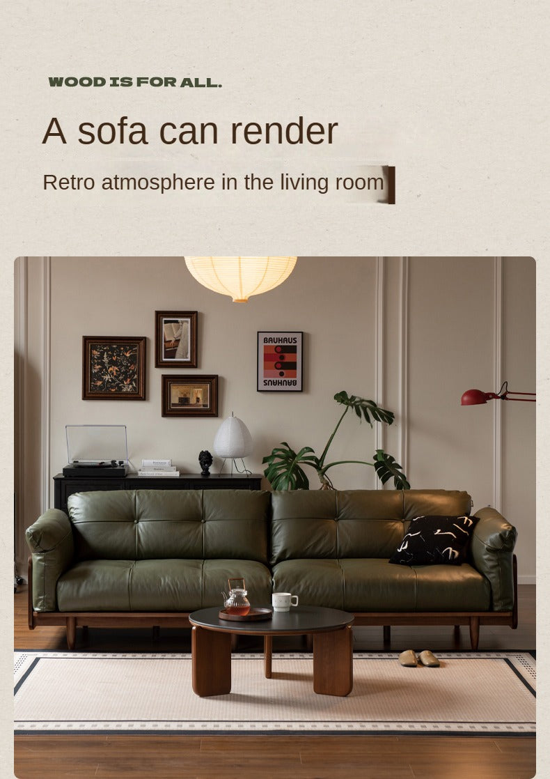 Black Walnut Solid Wood Genuine Leather Sofa.