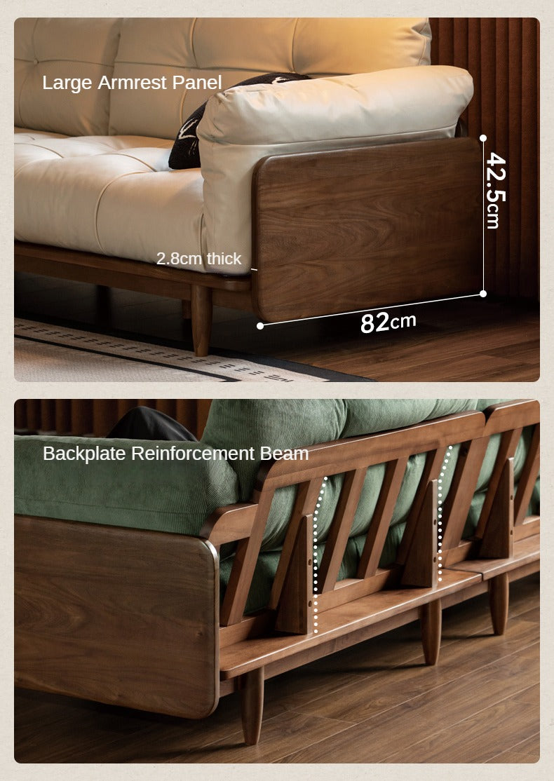 Black Walnut Solid Wood Genuine Leather Sofa.