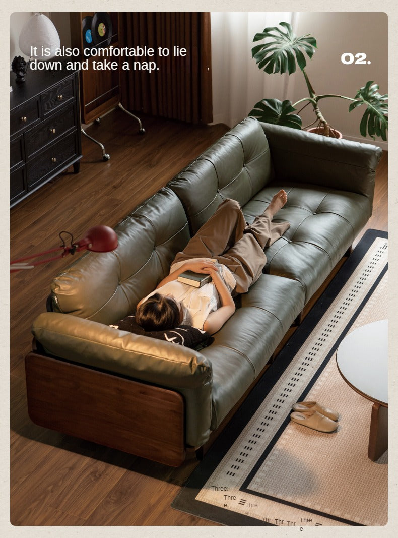 Black Walnut Solid Wood Genuine Leather Sofa.