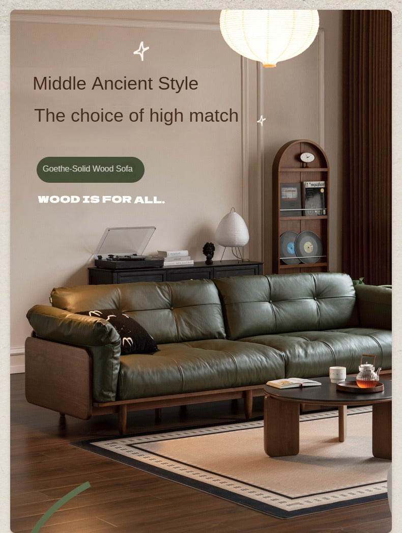 Black Walnut Solid Wood Genuine Leather Sofa.