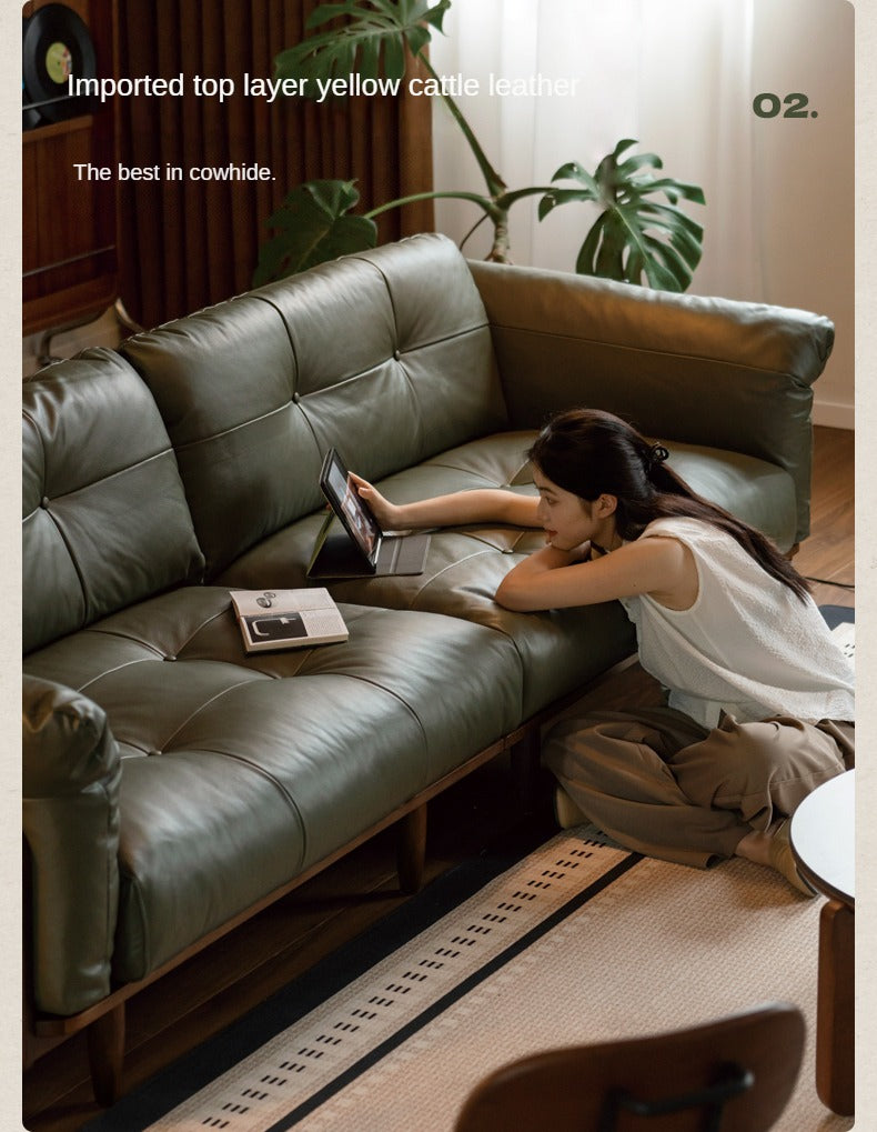 Black Walnut Solid Wood Genuine Leather Sofa.