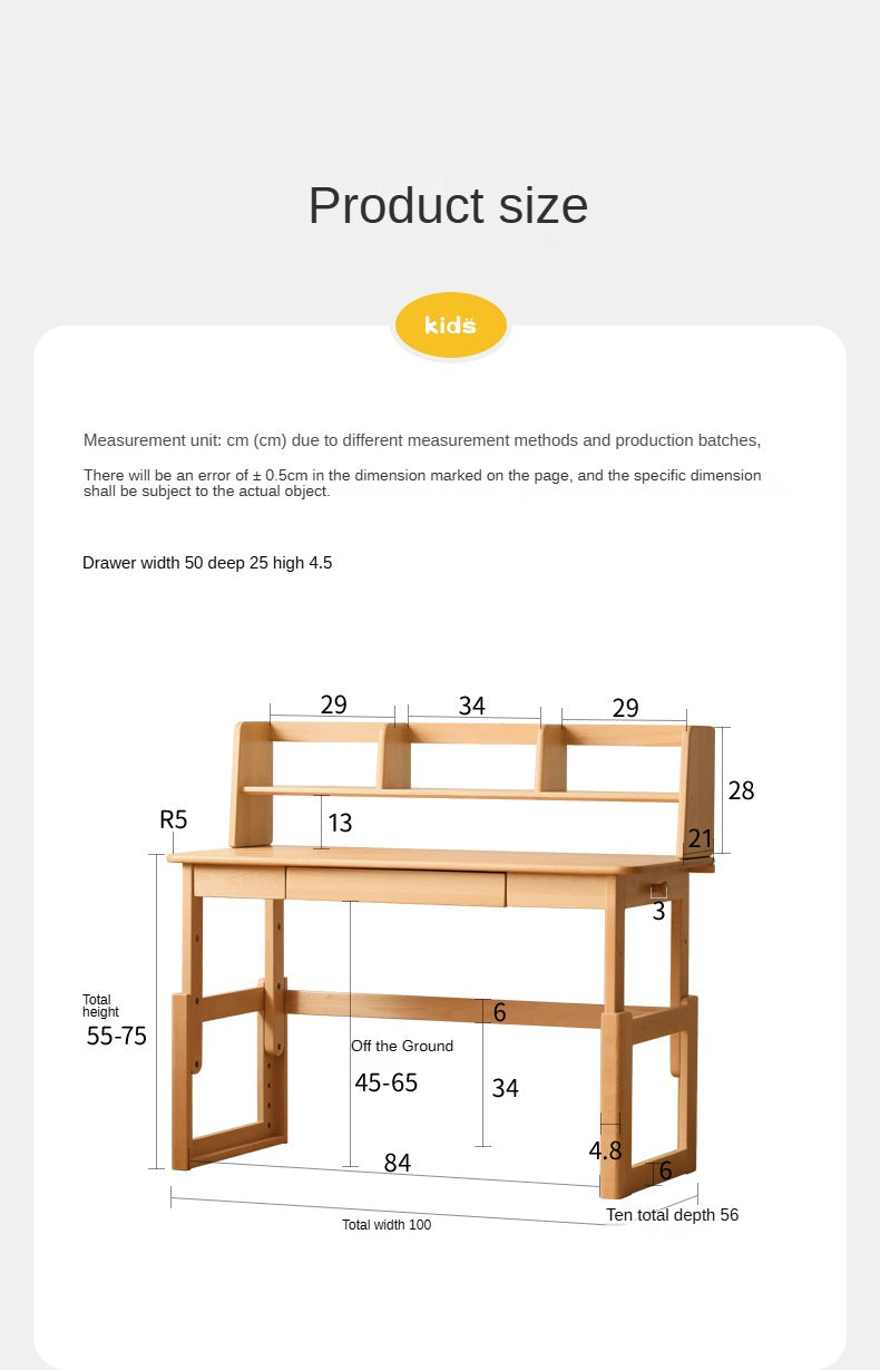 Beech Solid Wood Adjustable Kids Study Desk Height Children’s Writing Desk