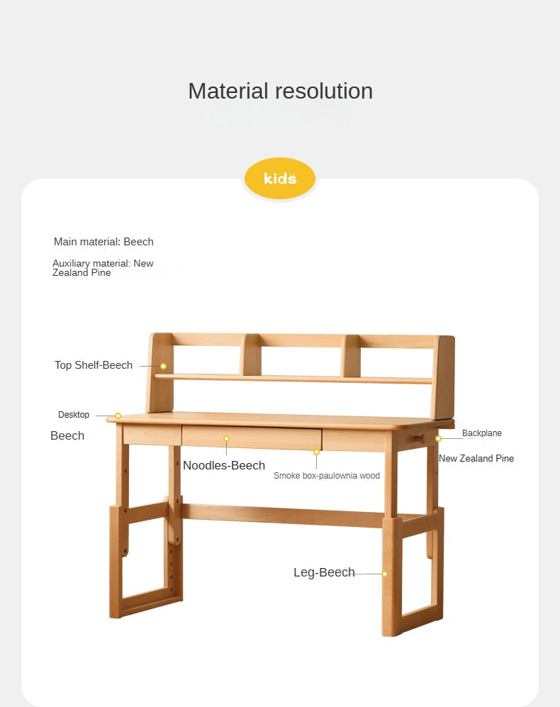 Beech Solid Wood Adjustable Kids Study Desk Height Children’s Writing Desk