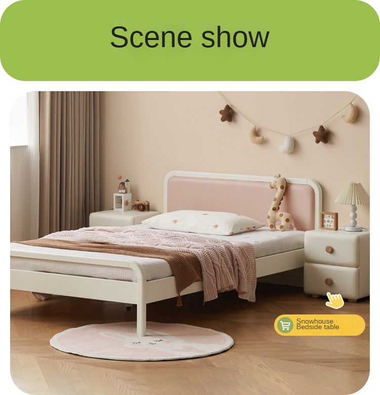 Rubber Wood White Cream Style Children's Soft Bed.
