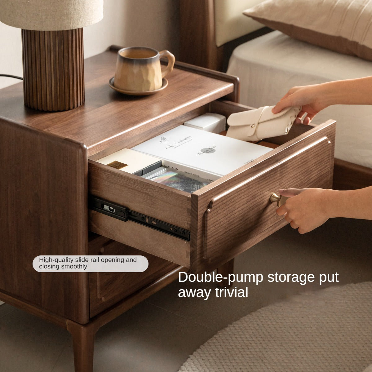 Black Walnut, Oak Solid Wood Nightstand.