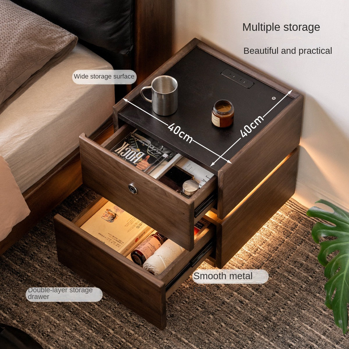 Black Walnut Solid Wood Multifunctional Nightstand.