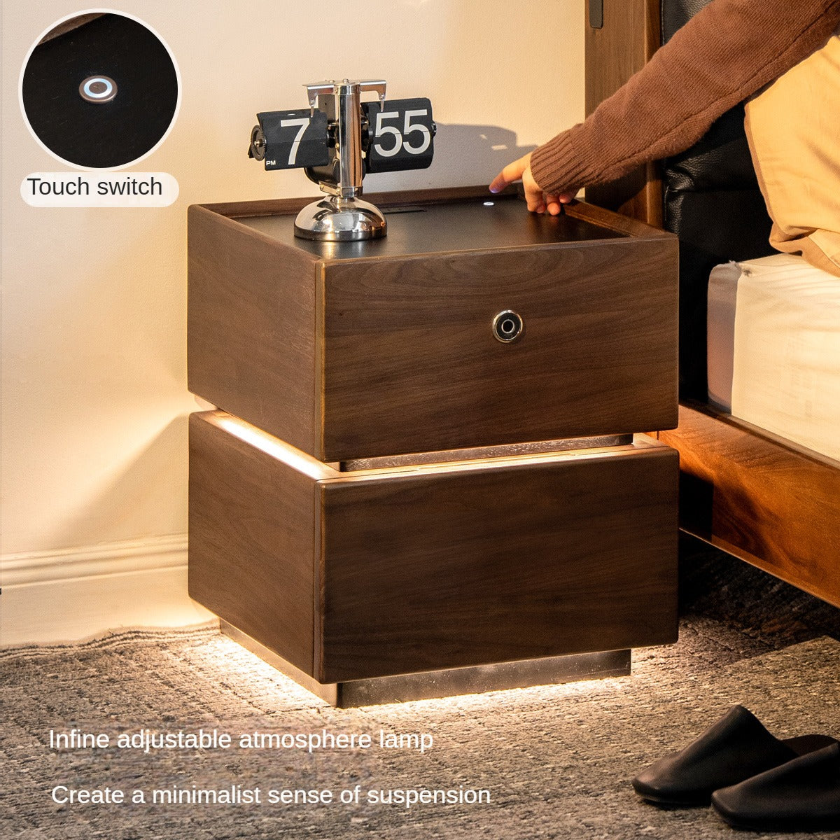 Black Walnut Solid Wood Multifunctional Nightstand.