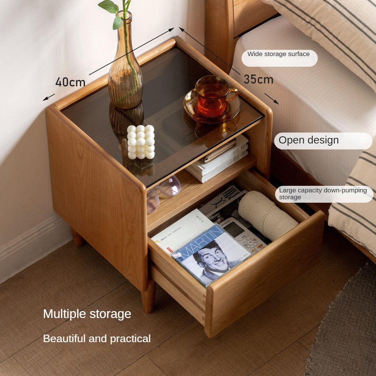 Cherry, Ash Solid Wood Small Nightstand.