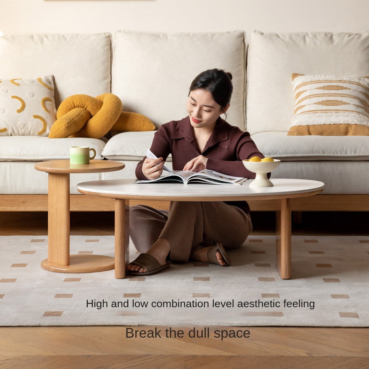 Oak Solid Wood Modern Rock Plate Coffee Table.