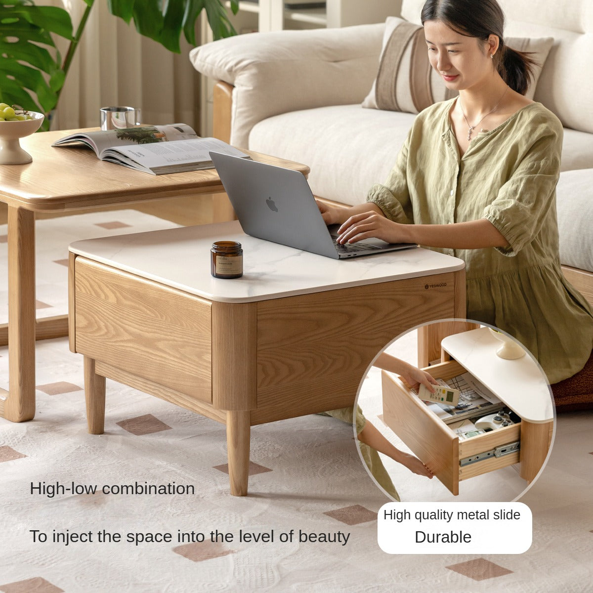 Ash Solid Wood Modern Rock Board Square Coffee Table