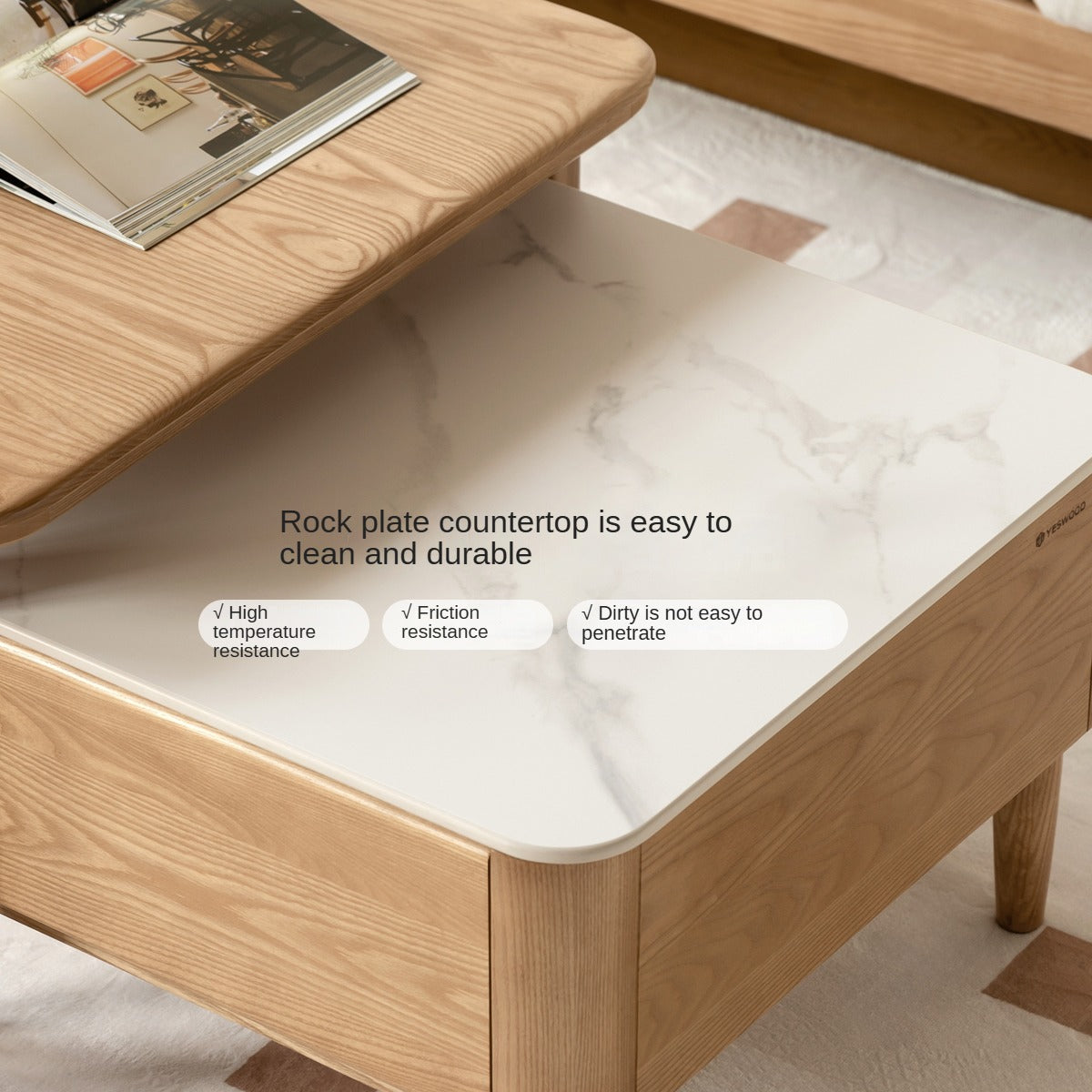 Ash Solid Wood Modern Rock Board Square Coffee Table