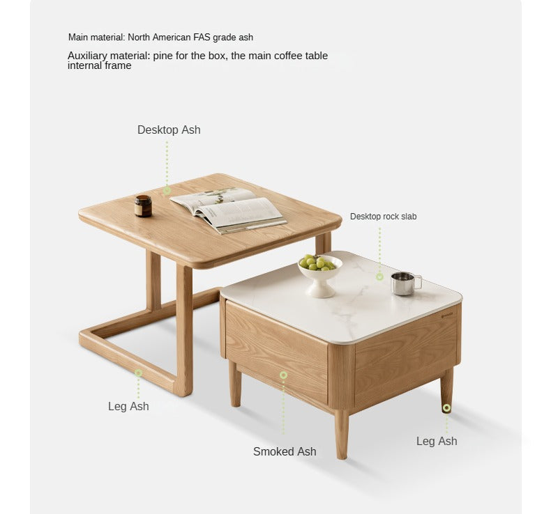 Ash Solid Wood Modern Rock Board Square Coffee Table