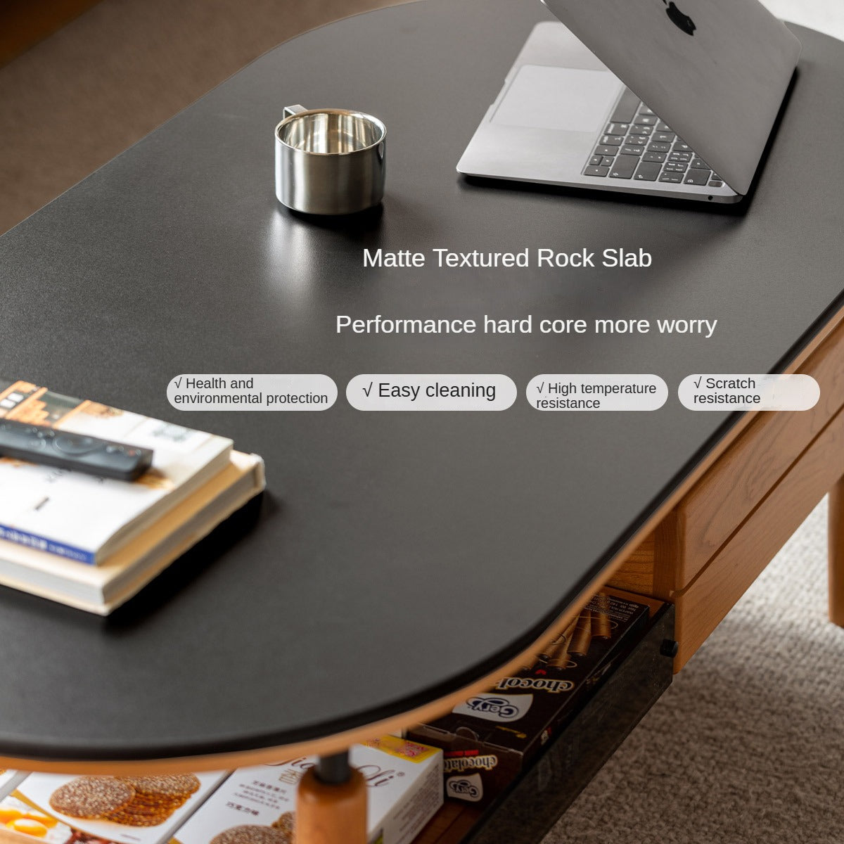 Cherry Solid Wood Modern Rock Coffee Table with Drawer