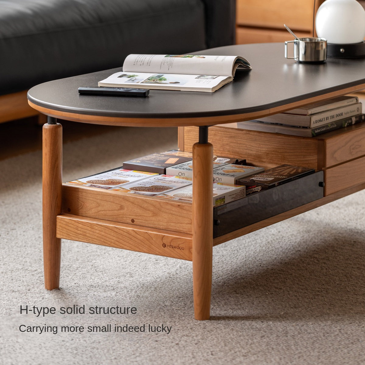 Cherry Solid Wood Modern Rock Coffee Table with Drawer