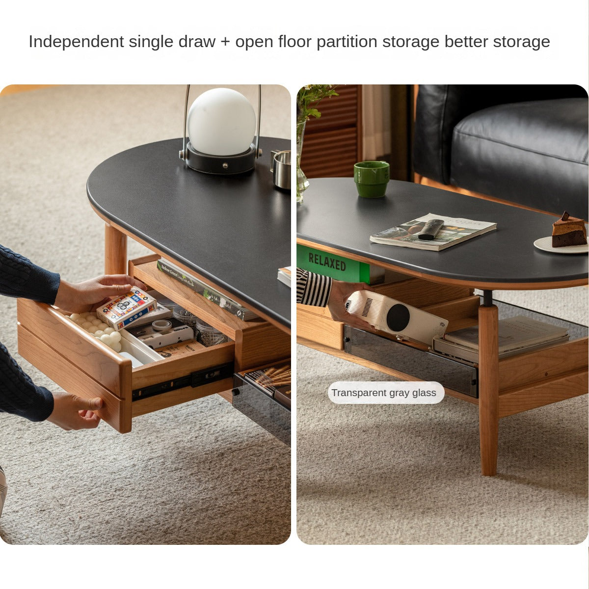 Cherry Solid Wood Modern Rock Coffee Table with Drawer