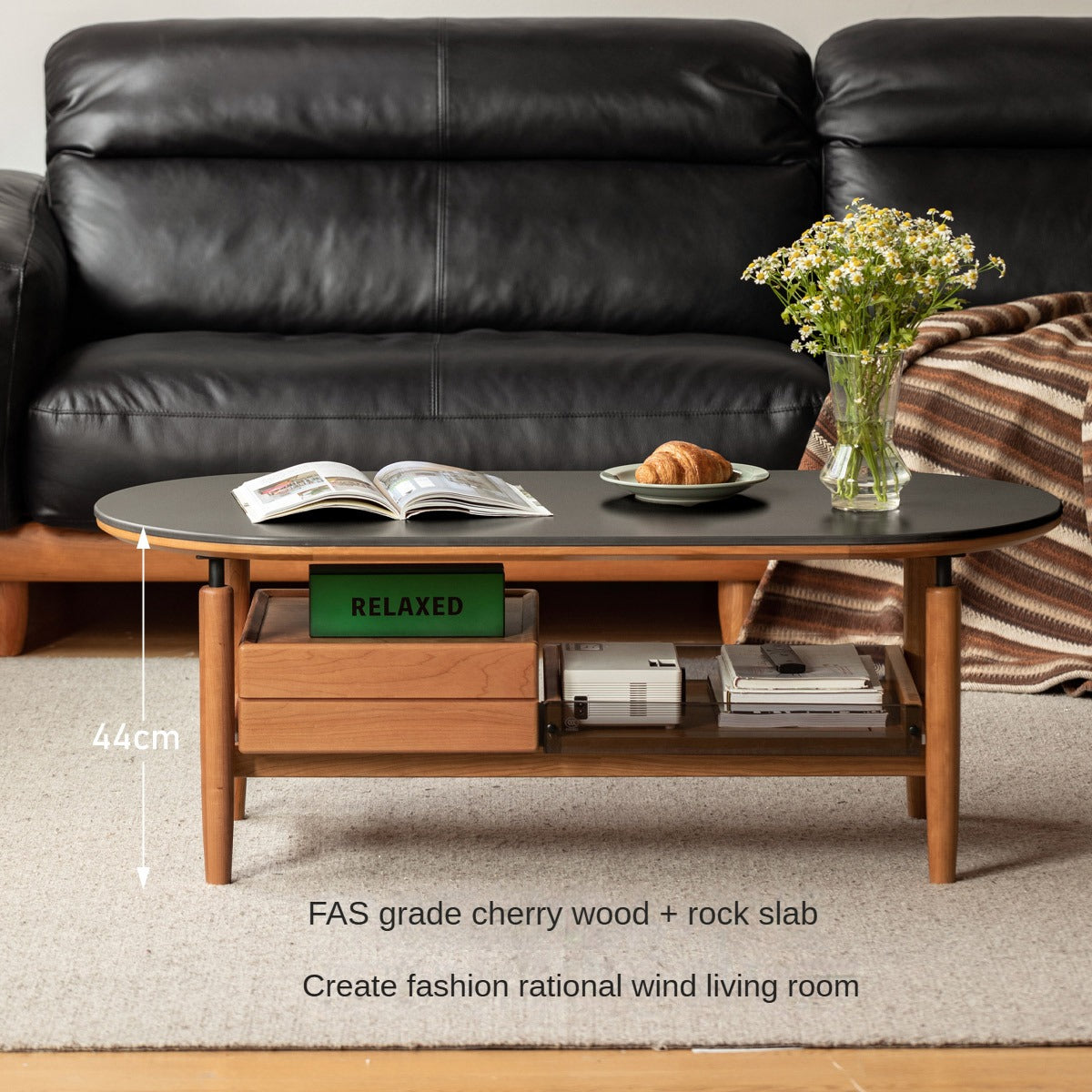 Cherry Solid Wood Modern Rock Coffee Table with Drawer