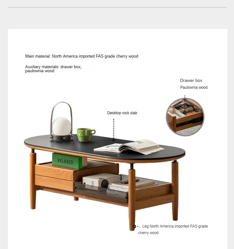Cherry Solid Wood Modern Rock Coffee Table with Drawer