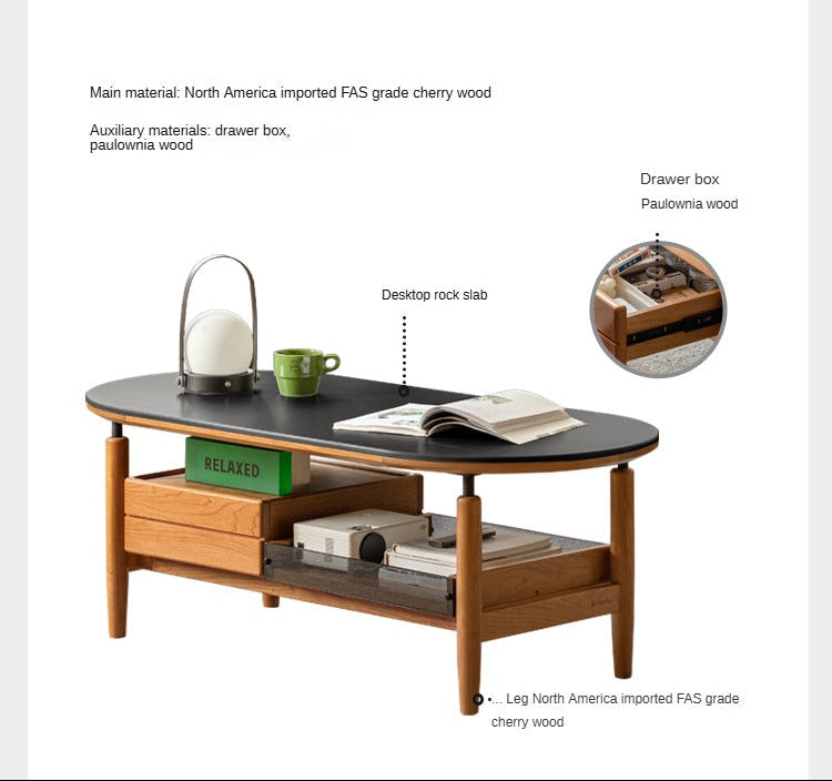 Cherry Solid Wood Modern Rock Coffee Table with Drawer