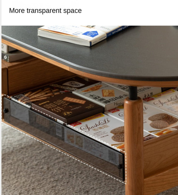 Cherry Solid Wood Modern Rock Coffee Table with Drawer